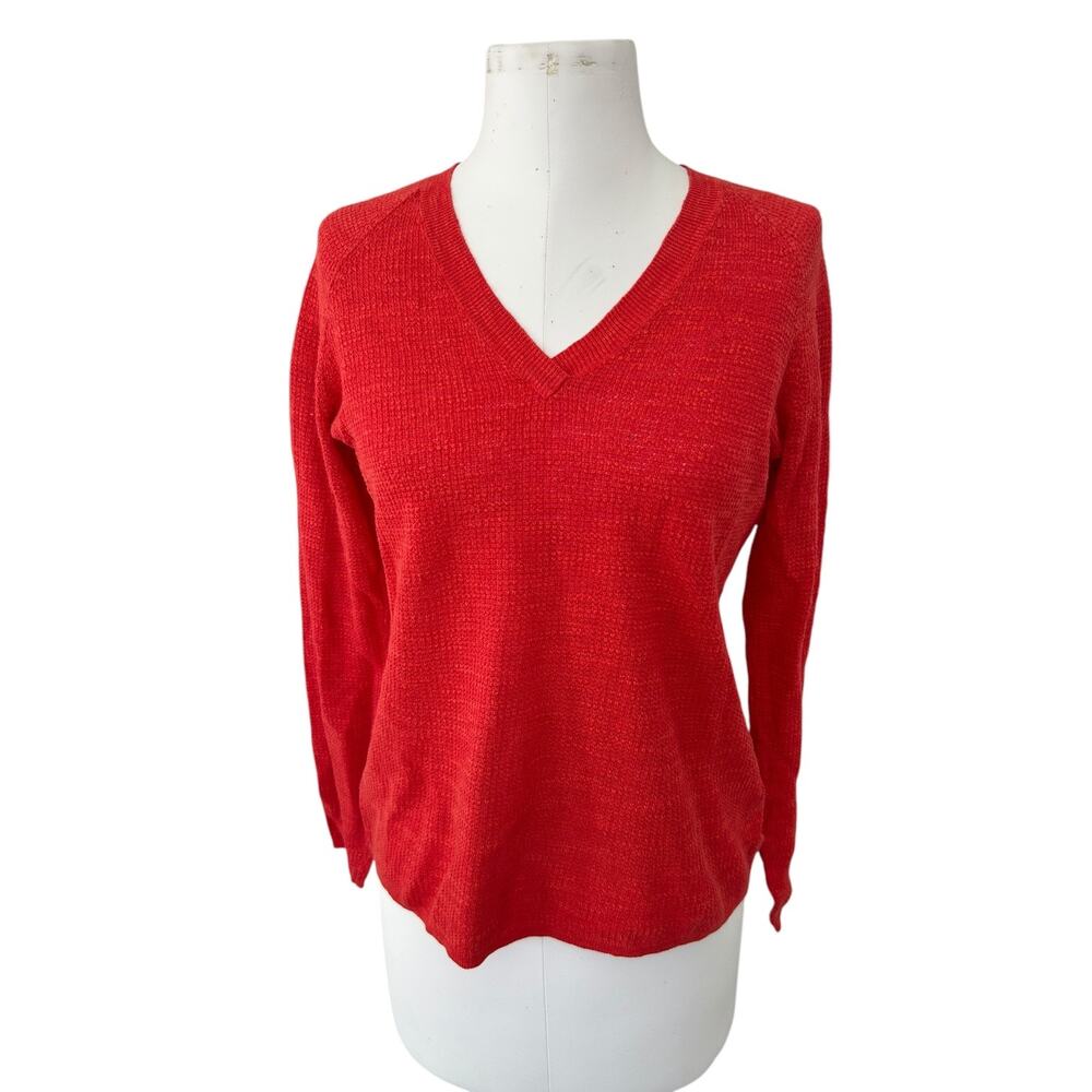Eileen Fisher Organic Cotton Linen Waffle Knit V Neck Sweater Orange Women's S